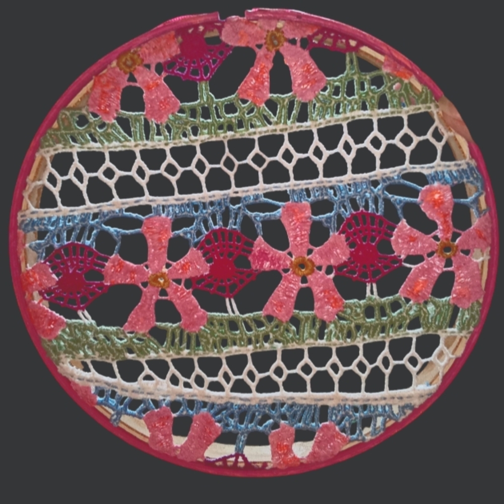 Handmade By TRG Art, Colorful Lace Embroidery Wrapped Floral Wall Hanging